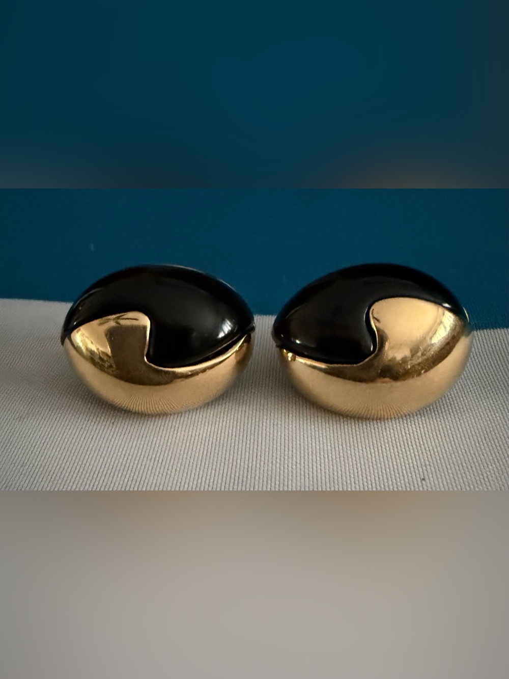 Trifari Black and Gold Dome Pierced Earrings